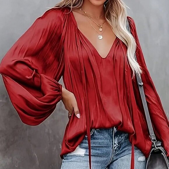 Red Casual Women's Lantern Sleeve Elegant Tie-Front Pleated Blouse - Picture 3 of 5